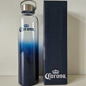NIB CORONA Blue Fade Gradient Glass Water Bottle Metal Cap With D-Ring Holder